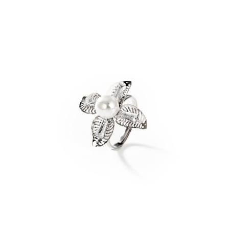 Rhodium-plated metal Tropical flower ring